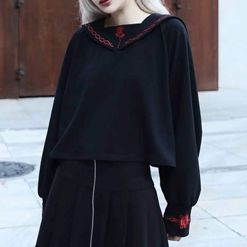 Футболка с вышивкой в стиле Лолиты, женские черные топы в готическом стиле, Повседневная Толстовка в стиле хип-хоп, школьный уличный костюм в японском стиле