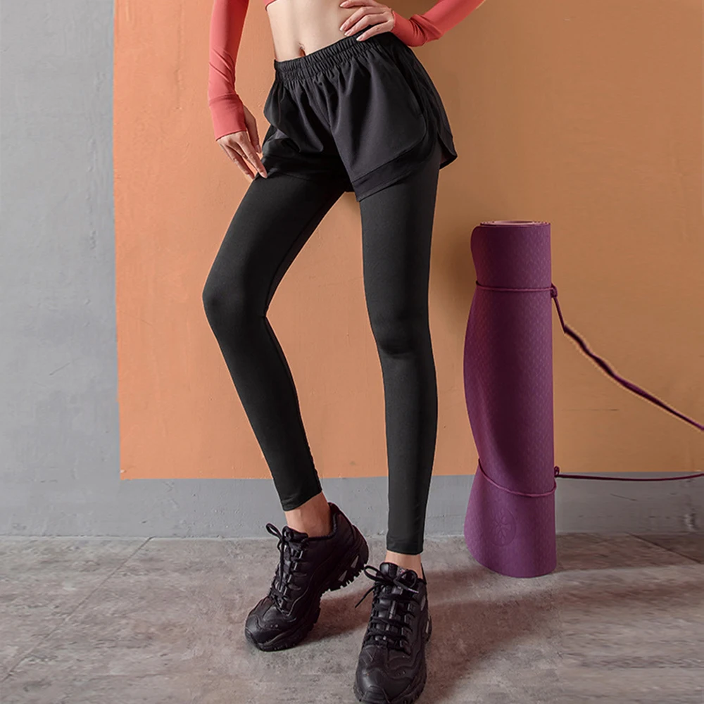 

BOKAMODA Sport Yoga Pants Women Fake Two Piece Running Fitness Trousers Elastic High Waist Slim Gym Splice Leggings With Pockets