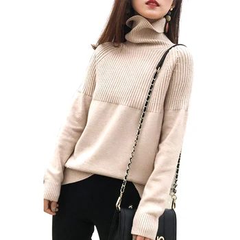 

Autumn Winter Pullover Long Sleeves Streetwear Solid Soft Knitted Loose Women Sweater High Collar Daily Rib Splicing Fashion