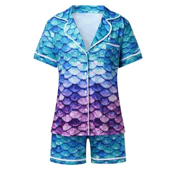 

Mermaid Printing Sexy Pajama Sets Women's Deep V Neck Short Sleeve Sleepwear Nightwear Two Piece turndown collar Pajama Set