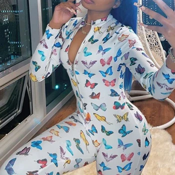 

Fashion Lips Printed V Neck Zipper Front Skinny Rompers Women Jumpsuit Casual One Piece Overalls Streetwear