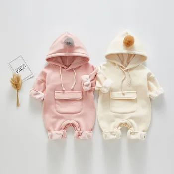 

New infant bodysuit clothing winter baby climb clothes add wool cap big pocket jumpsuits