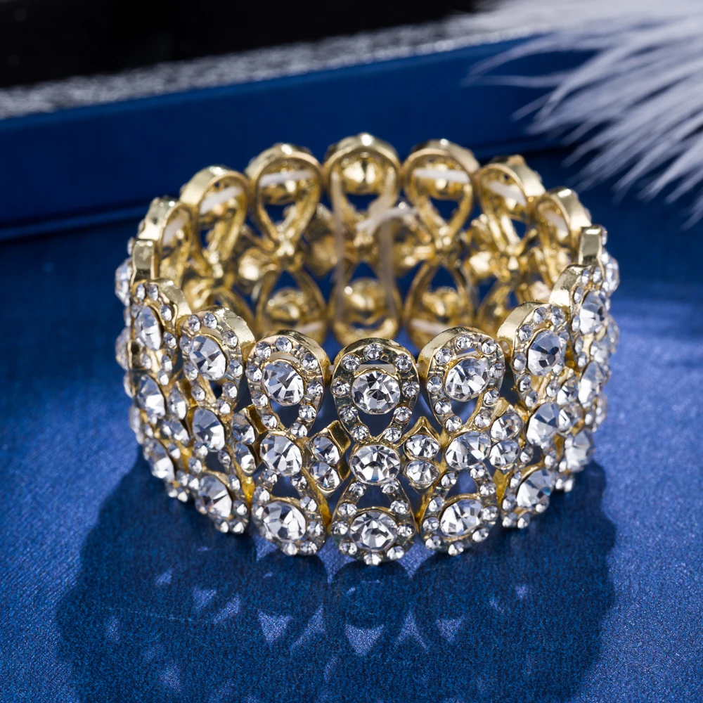 Bracelet Jewelry Wedding Jewelry Luxury Full Crystal Rhinestones Gold Color Bracelets for Women Bride Stretch Rope Wide Bracelets & Bangles Gift