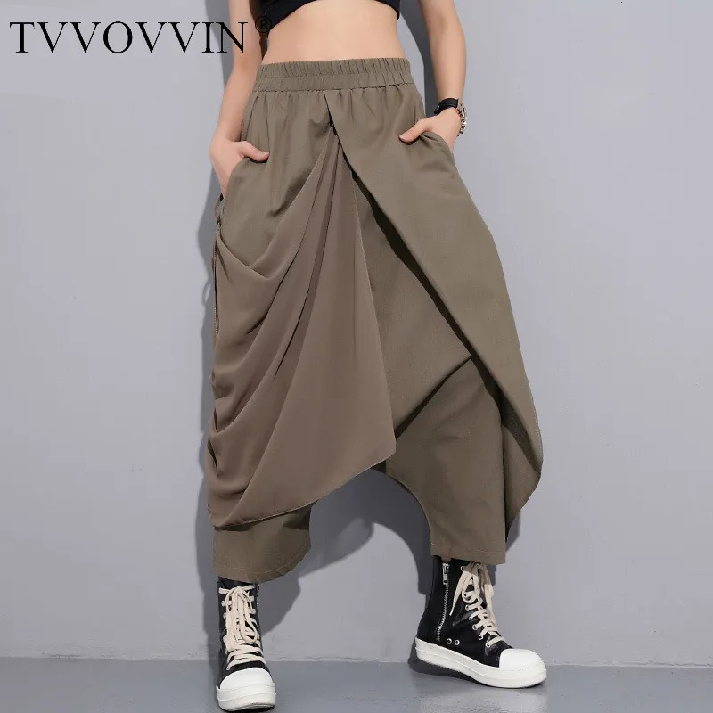 TVVOVVIN, новинка весны, высокая эластичная талия, черные, складные, с повязкой, стежки, свободные, длинные, с крестиком, женские брюки, модные, свободные, V410
