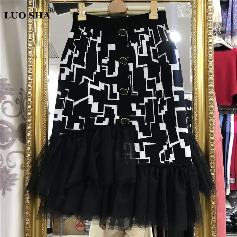 

LUOSHA Women 2019 Autumn Winter Women High Waist Geometric Knitted Skirt Ladies Irregular Ruffles Mesh Midi Skirts Jupe Femme