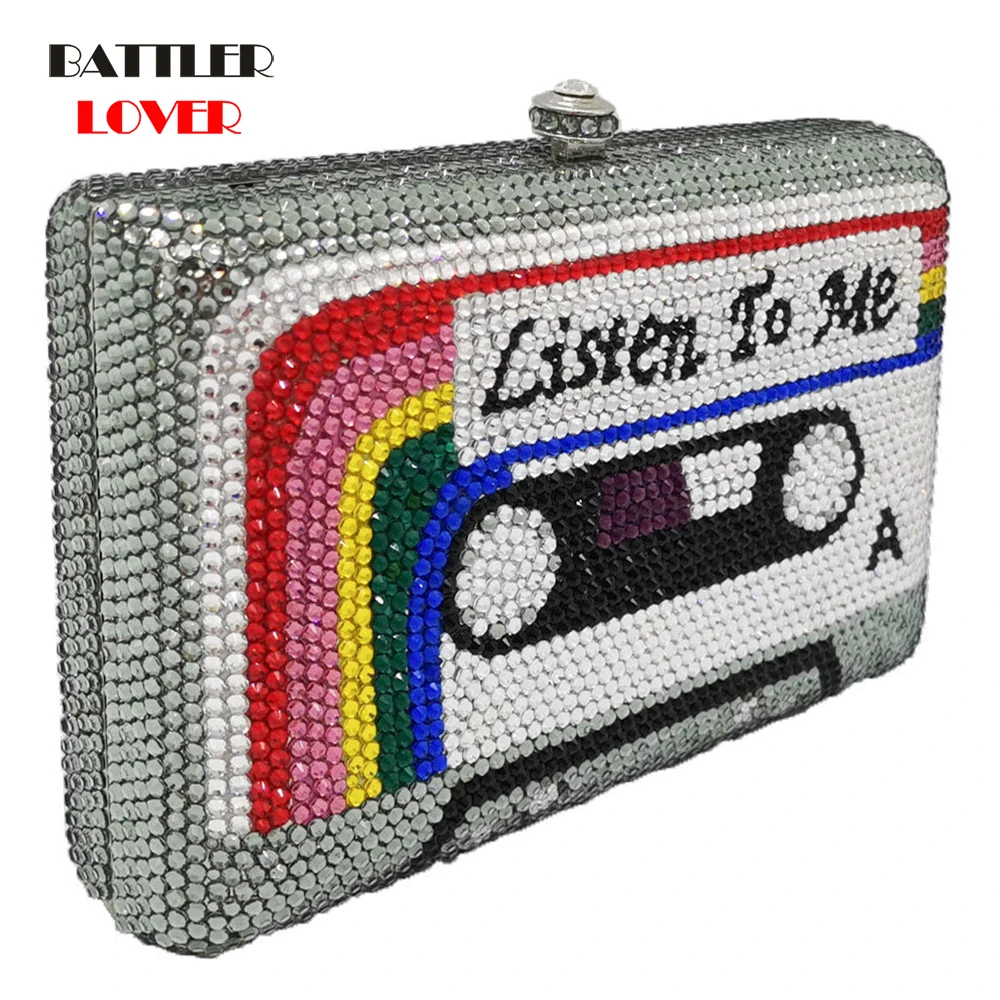 

Crystal Evening Bags Wedding Party Diamond Box Minaudiere Handbag and Purse Listen2me Cassette Tape Clutch Women Shoulder Bags