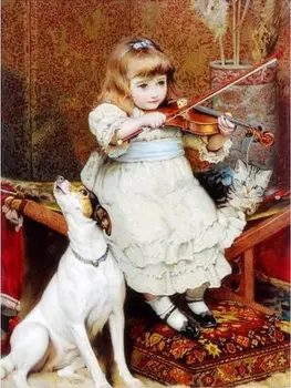 

Hand Painted cute little girl playing the violin and a dog nature landscape Canvas Painting Wall Pictures For Living Room
