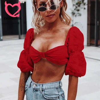 

Evenworse Summer Women's Bow Tops Half Sleeve Black White Vintage Sexy Solid T-Shirts Skinny Casual Square Neck Tops Streetwear