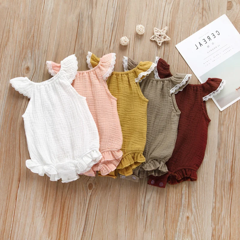 

Newborn Baby Girls Ruffle Sleeve Romper Cotton Linen Solid Jumpsuit Classical Summer Outfits baby girl clothes costume