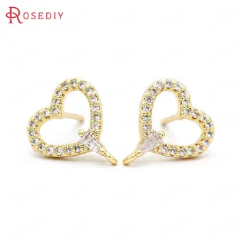 

(39442)4PCS 24K Gold Color Brass and Zircon Heart Stud Earrings Pins Earrings Jewelry Making Supplies Diy Findings Accessories