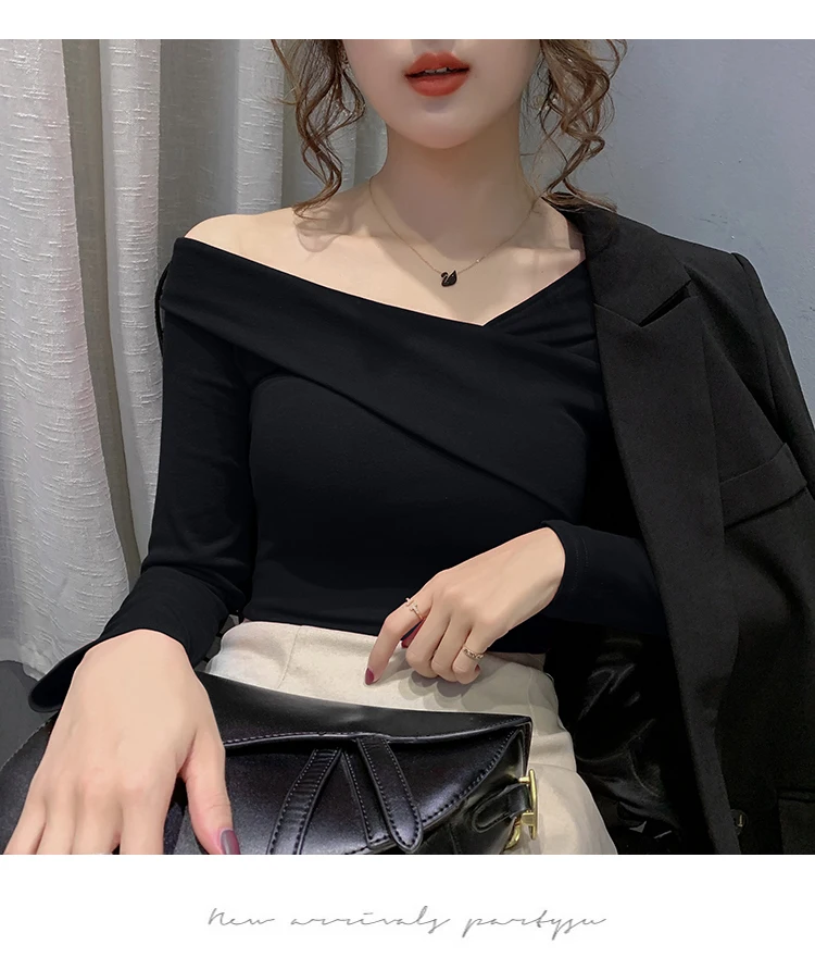 Одежда с открытыми плечами для женщин ins wind sexy dew shoulder all render наклонные плечи Футболка без подкладки Верхняя одежда летняя fa