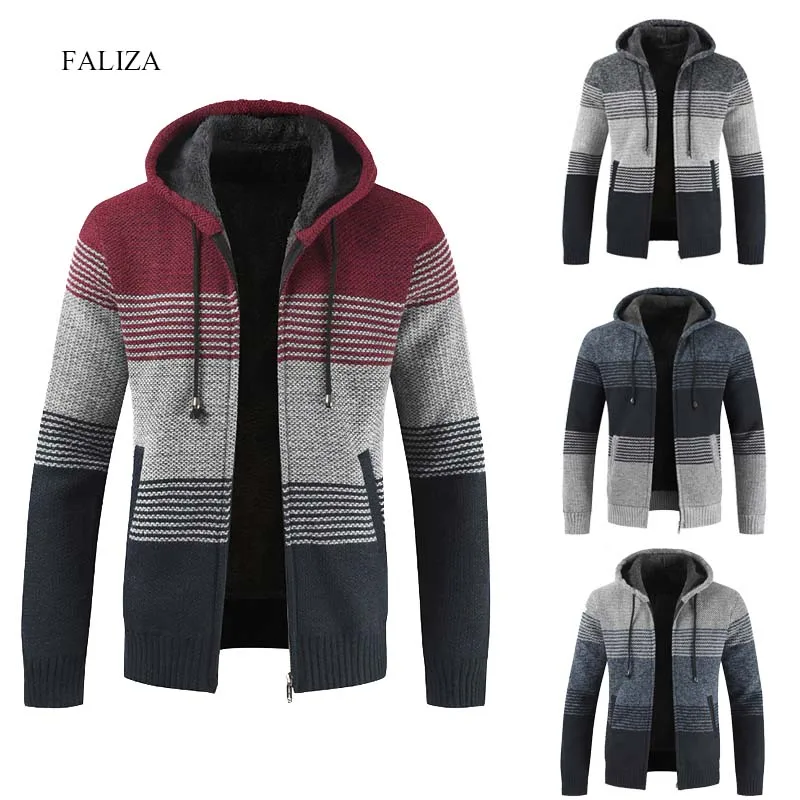 

Men's Sweater Coat 2020 Autumn Winter Thick Warm Hooded Stripe Wool Sweater Cardigan Jumpers Zipper Fleece Coat Men