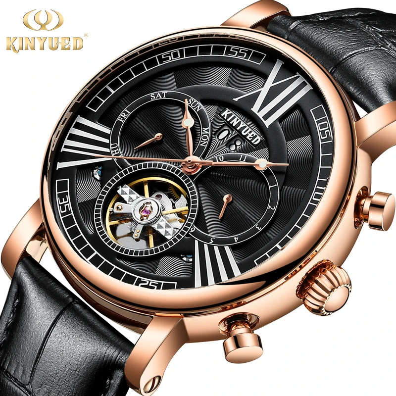 

KINGYUED Brand Automatic Mechanical Watch Tourbillon Sport Rose gold Leather Casual Business Wristwatch Relojes Hombre