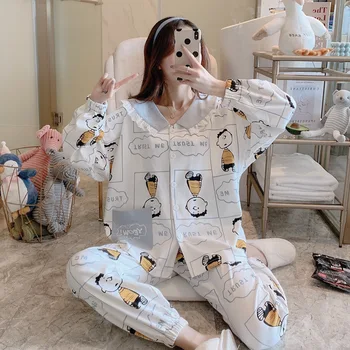 

White Cartoon Print 2PCS Pajamas Suit Young Lady Cute Peter pan Collar Top&Pant Home Clothes Spring Autumn New Cartoon Sleepwear