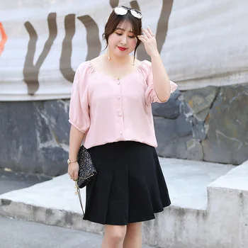

Women's summer solid color chiffon cardigan button lantern sleeve V-neck casual shirt 100KG can be worn