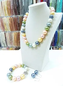 

14MM multicolor South Sea shell pearl necklace bracelet earrings set LL001^^^@^Noble style Natural Fine jewe