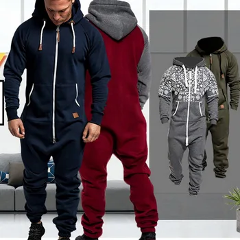 

2020 Mens One-piece Garment Pajama Men Solid Splicing Jumpsuit Playsuit Zipper Hoodie Male Patchwork Jumpsuits Overalls Hombre