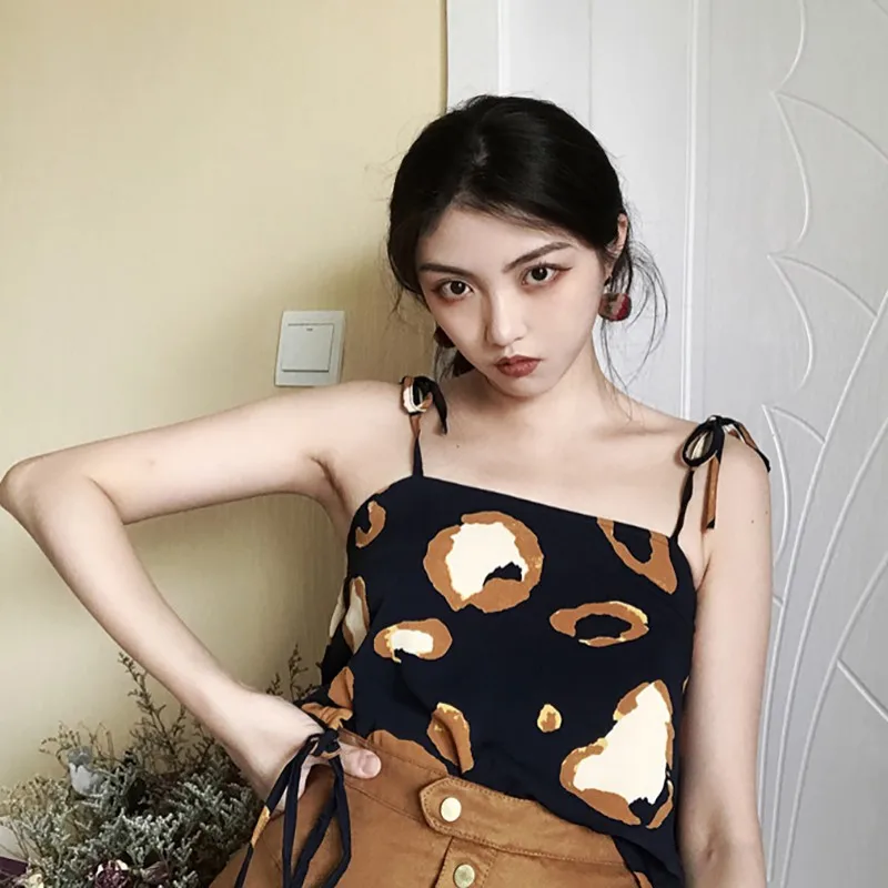 Черный Женская сексуальная LEPARD Boho печать Холтер жилет Летняя Сексуальная майка без рукавов Топы повседневные женские с круглым вырезом тонкий жилет Блузка Blusa Mujer - Цвет: Черный
