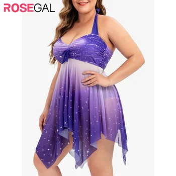 

ROSEGAL Bowknot Mesh Panel Handkerchief Sparkle Stars Plus Size Handkerchief Tankini Swimsuit Purple Printed Halter Swimwear