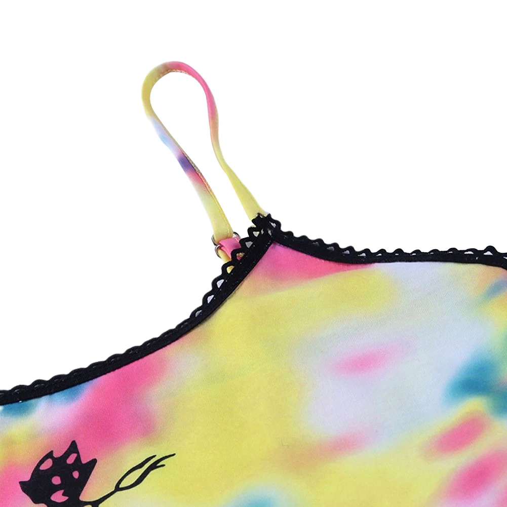 Women Fashion Tie-dye Print Tank Top Summer Sleeveless Little Devil Print Crop Top