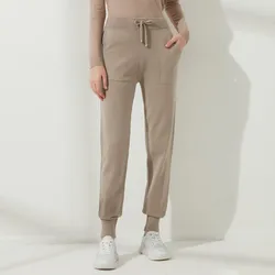 Mulheres cintura elástica cordão calças na moda solto elástico longo kintted calças outono inverno bottoms