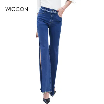 

2020 Autumn Personalized Women Side Slit Jeans High Waist Cool Denim Wide Leg Pants Trousers Boyfriend Jeans for Women WICCON