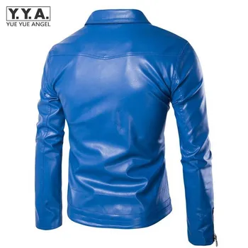 

High Quality Faux Leather Jacket Men Long Sleeve Lapel Biker Homme Coats Blue Black PU Leather Jacket Rock Style Stage Clothing