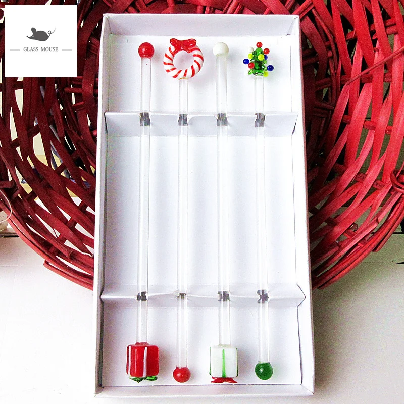 Murano style handmade glass Christmas tree head Figurines accessories Cocktail Stirrer Swizzle Stick coffee stirrer Wine Mixer
