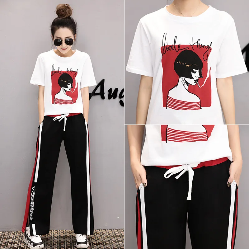 

2017 Summer New Style Korean-style Printing Short-sleeved T-shirt Loose Pants Women's Fashion Elegant Two-Piece Set Fashion Hot