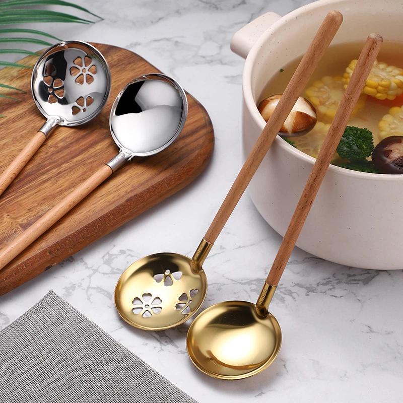 

Soup Spoon Lunch Tableware Wooden Handle Food Rice Buffet Cake Ice Cream Dessert Spoons 304 Stainless Steel Kitchen Accessories
