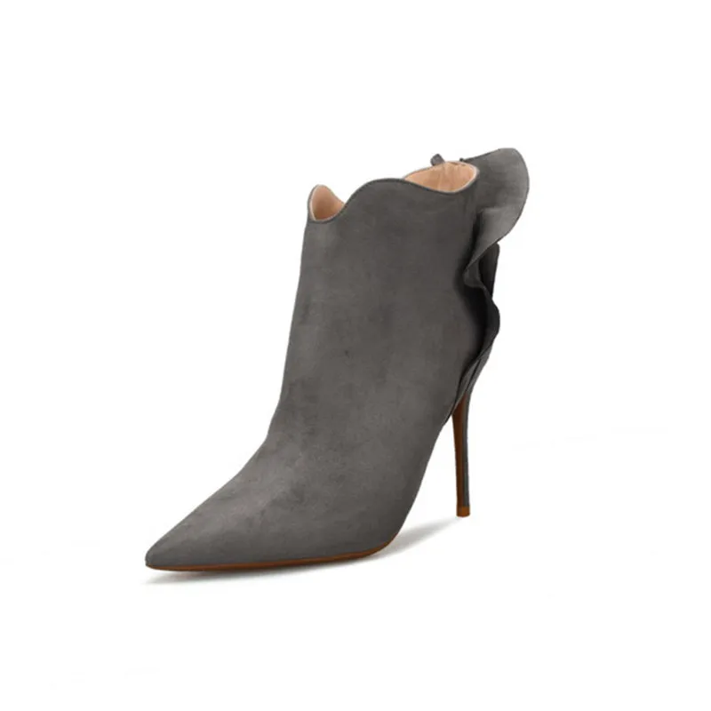 KATELVADI/зимние ботильоны с острым носком; обувь на высоком каблуке 10 см; женская однотонная обувь из флока коричневого цвета с боковой молнией; модная женская обувь в сдержанном стиле; K-484 - Цвет: Gray 8CM