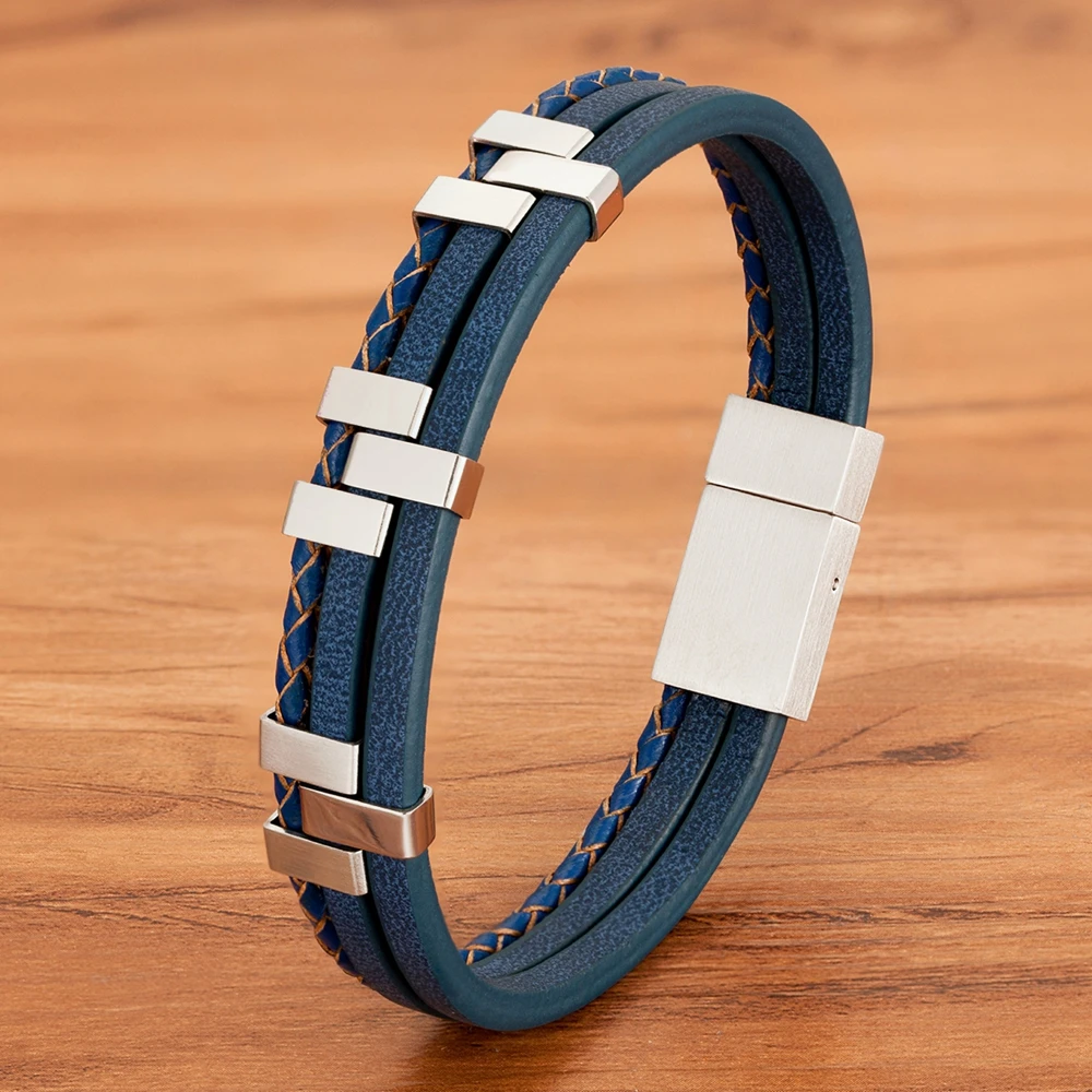 Black Brown Blue Color Three-Layer Stitching Accessories Stainless Steel Men’s Leather Bracelet Advanced Design Style Gift