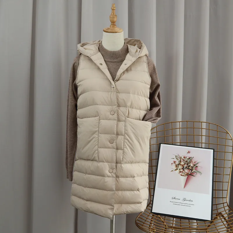 

Women Light 90% White Duck Down Waistcoat Coats Autumn Winter Female Sleeveless Hooded Vest Jakcet Casual Midi Long Tank Outwear