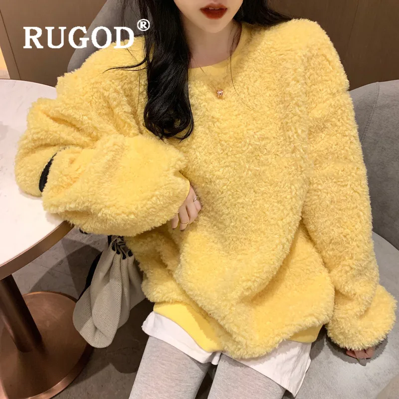 RUGOD Милая Толстовка ярких цветов из овечьей шерсти Женская мода зима весна о-образный вырез длинный рукав пуловер Свободный толстый пушистый топ