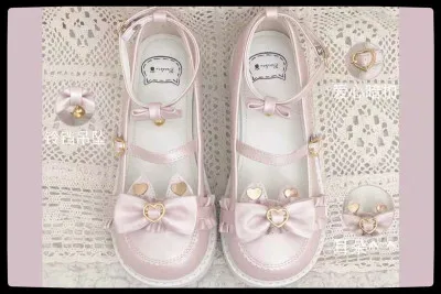 Японские студенческие туфли в стиле Лолиты на толстой подошве; большие милые плоские туфли с бантом; женские туфли принцессы в стиле каваи; Милые винтажные туфли на низком каблуке с круглым носком - Color: Pink