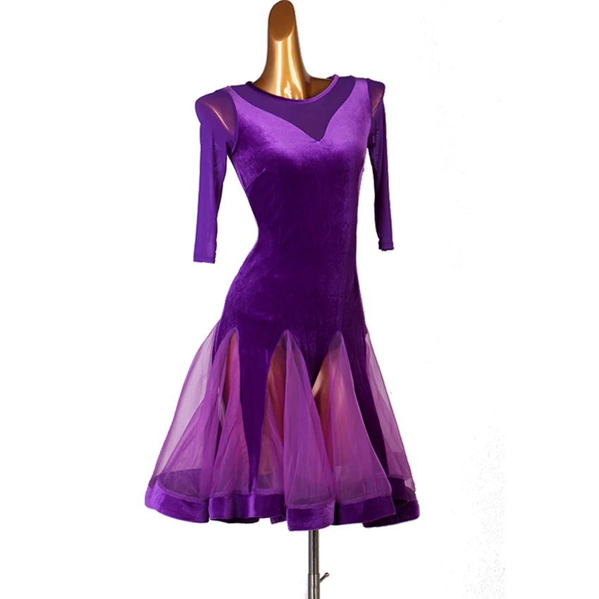 Фиолетовый бархатный латинский танцевальное платье для девочек женские Samba танцевальные костюмы для сальсы для бальных танцев платья одежда соревнования