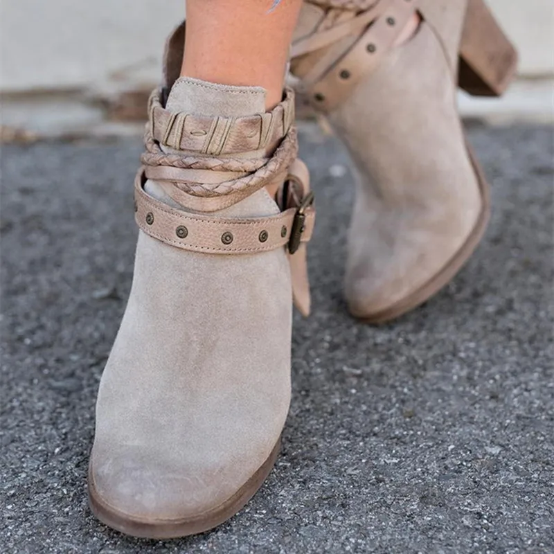 Houlife Vintage Suede Solid Color Ankle Women Boots  High Heels Rivet Buckle Spring Autumn Ladies Short Boots Fashion Shoes