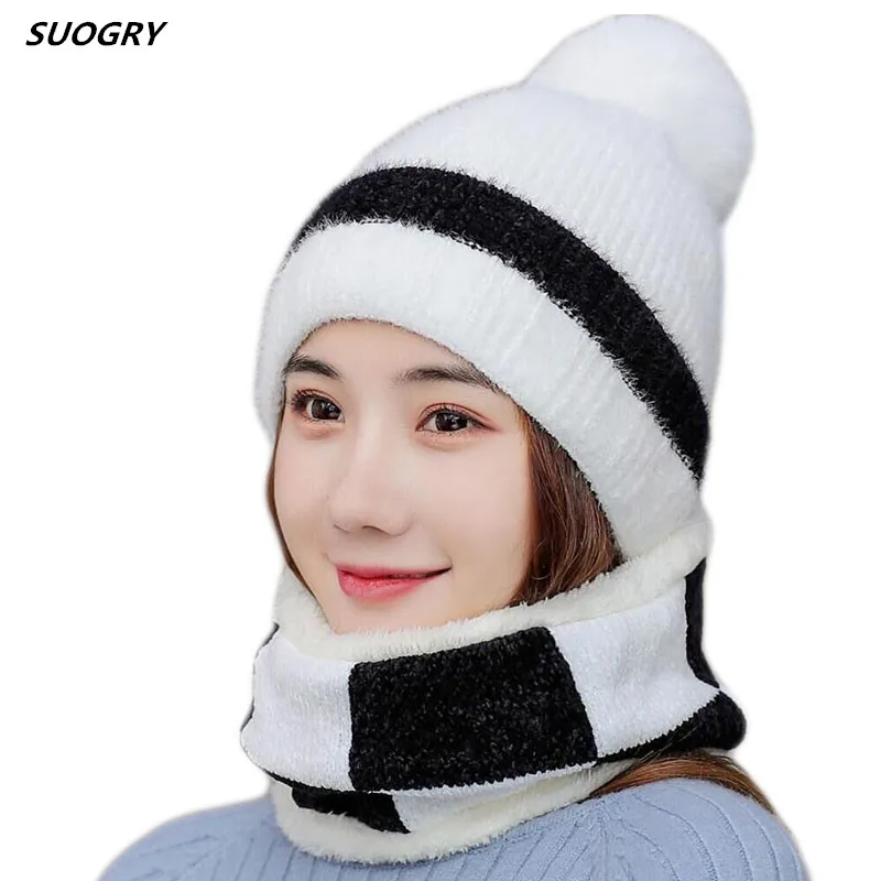 

Thick Warm Women Hat Set Scarf Fur Pompons Beanie Hat and Scarf Set for Women With Wool Lining Knitted Hat Winter Scarf Set