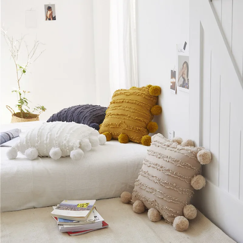 Скандинавский милый Чехол на подушку однотонный Мягкий с помпоном украшение для