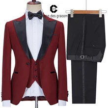 

Cenne Des Graoom 2022 New Men Suits Satin Peak Lapel Tailor-Made Tuxedo 3 Pieces Red Burgundy Wedding Evening Dress Ropa Hombre