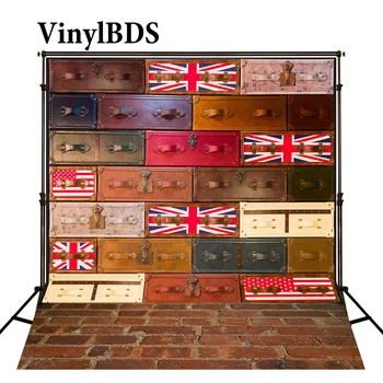 

VinylBDS Background Children'S Suitcases Backdrop Brick Floor Backgrounds Vintage Newborn Backdrops School Backdrop for Studio