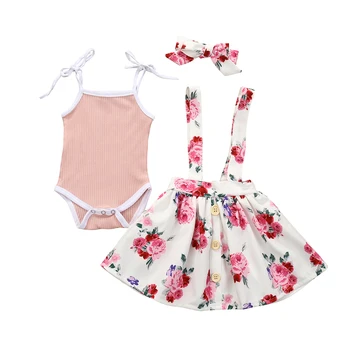

0-24Months Sling Solid color Bodysuits+ Suspender flower Skirts +Headband 3pcs Set for Infant new born baby girls Summer clothes