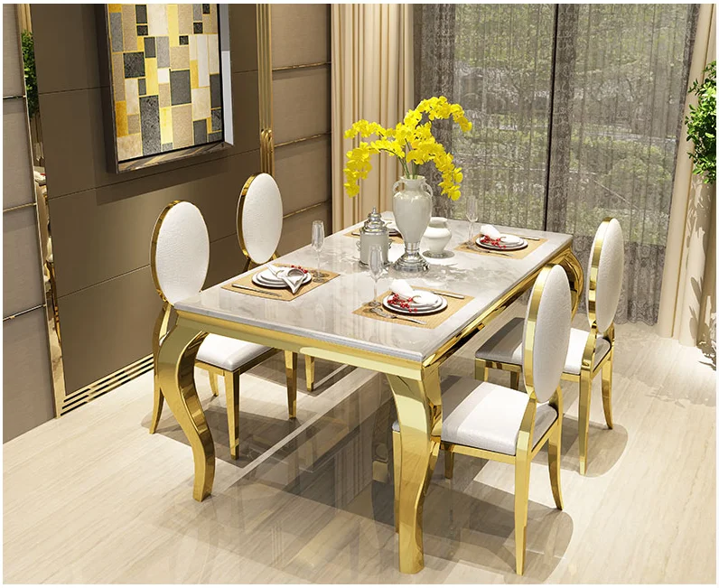 Nordic luxury marble dining table rectangular size apartment post-modern minimalist stainless steel dining table and chair combi