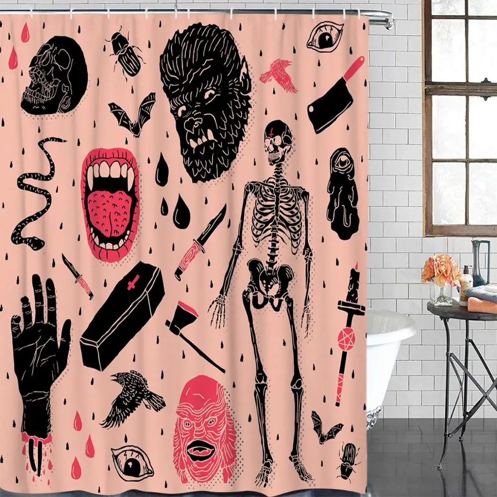 Рот Зубы язык Череп кости занавеска для душа полиэстер ткань с крючками|Шторы