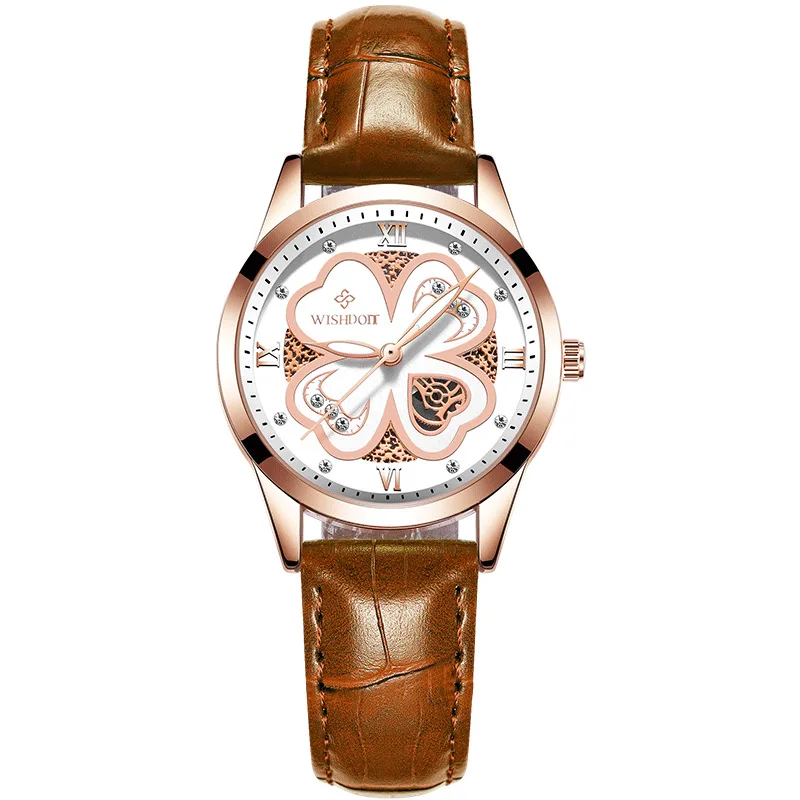 

Watch Switzerland Import Diamond Set Brown Leather Belt Ladies' Watch Students Night Light Waterproof Clover Quartz Watch