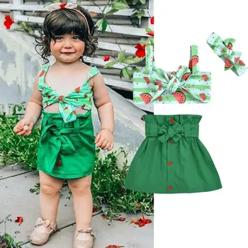 

2020 Summer Toddler Baby Girls Clothes Sets New Summer Kids Girls Watermelon Print Bow Sleeveless Vest Tops+A-Line Skirts 0-24M