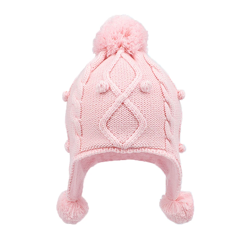 

Winter Hat Girl Earflap Fleece Beanie Autumn Knit Warm Kid Pompom Pink Cotton Skiing Outdoor Accessory For Toddler Baby