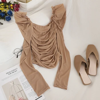 

puff sleeved 2020 summer new long-sleeved short high waist lady elegant pulls outwear coat tops