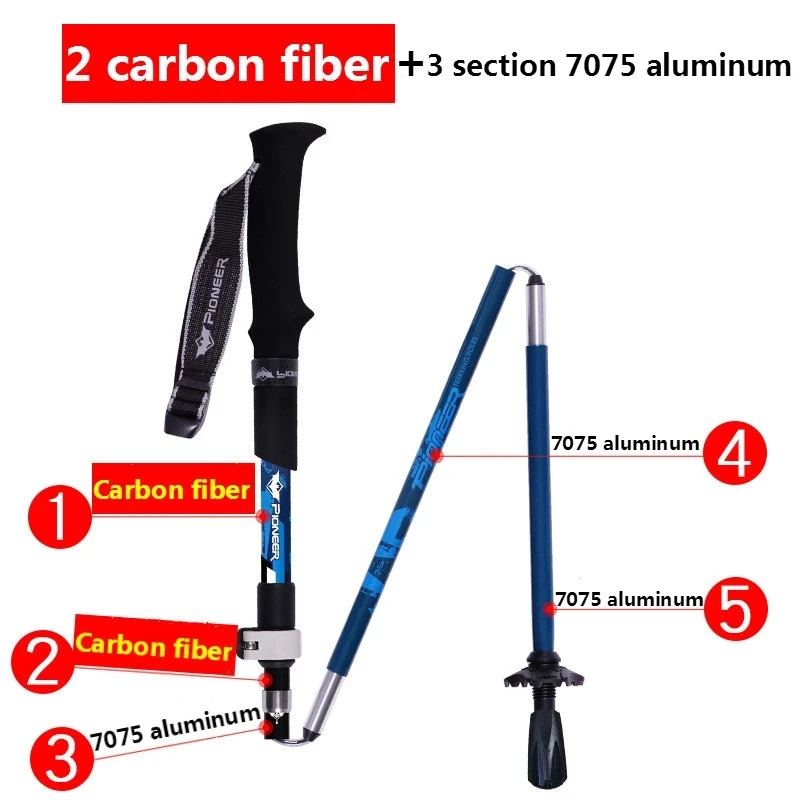 PIONEER Ultralight Carbon fiber and 7075 aluminum alloy Folding Trekking pole Adjustable Length Travel Climbing Hiking stick