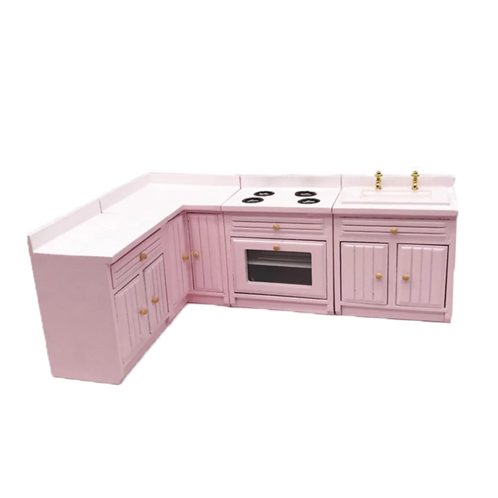 1/12 Dollhouse Mini Wooden Kitchen Cupboard Model Toys Miniature Countertop Sink Stove Cabinet Furniture Doll House Accessories